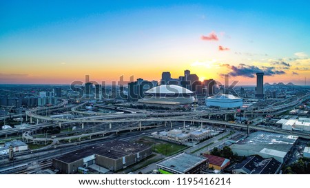 Downtown New Orleans, Louisiana, USA Skyline Drone Aerial at Sunrise
