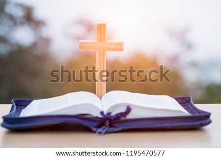 open Bible, script in blur with focus on palm cross,on sunrise background, Crucifix, Symbol of Faith. Royalty-Free Stock Photo #1195470577