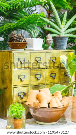 Relaxing area with garden object and tools decoration on table in cozy home garden on summer.