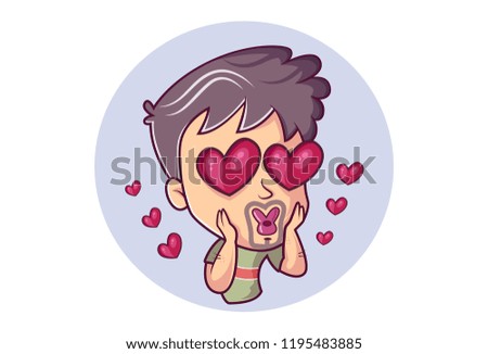 Vector cartoon illustration  of man with heart shaped eyes and many hearts. Isolated on white background.