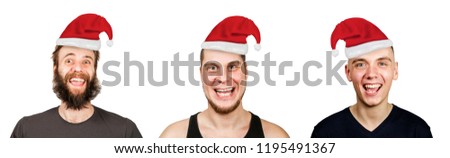 Set of portraits of young bearded smiling guy in Santa's cap isolated on a white background.