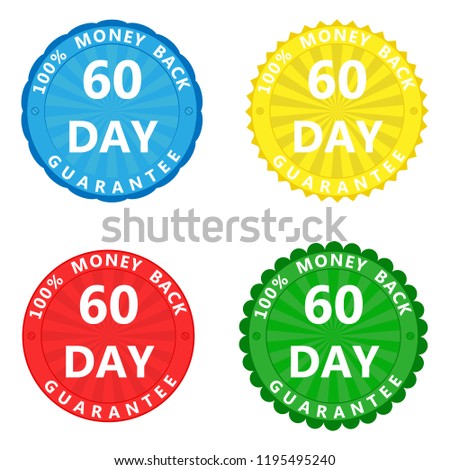 A set of colored stickers with the inscription 100 percent 60-day money back guarantee