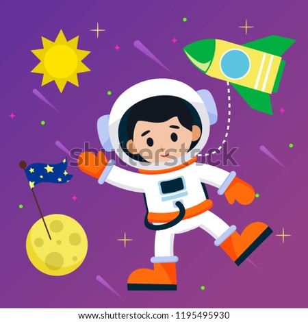 Astronaut and outer space illustration. Kids astronaut and outer space vector illustration