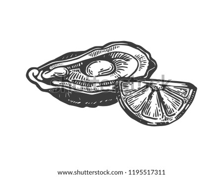 Oyster with lemon sea animal engraving raster illustration. Scratch board style imitation. Black and white hand drawn image.