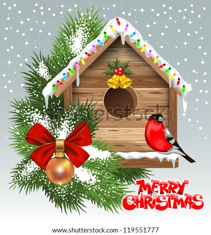 Christmas greeting card with wooden birdhouse