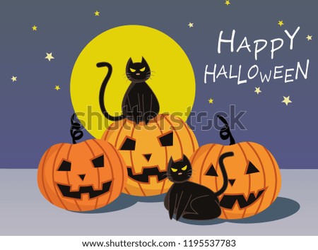 Halloween Pumpkin with black cat cartoon character design for card banner background.