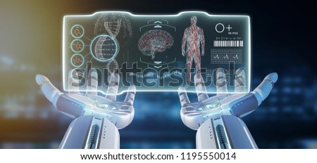 View of a Cyborg hand holding a Futuristic template medical interface hud 3d rendering