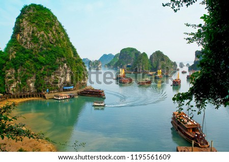 Ha long Bay is a Unesco world heritage site and popular travel destination in vietnam. The bay features of thousands of limestone karsts and isle in veriuos shapes and size Royalty-Free Stock Photo #1195561609