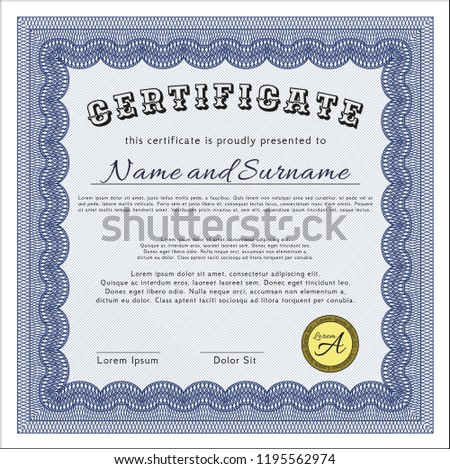 Blue Sample Certificate. With quality background. Money style design. Vector illustration. 