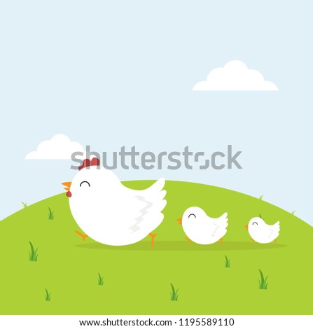 happy chicken family in field