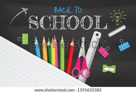 Back to school text on chalkboard with school supplies. Vector illustration