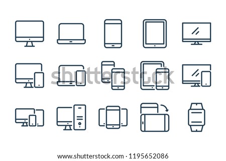Devices and Electronics related line icons. Computers and mobile phones vector linear icon set. Royalty-Free Stock Photo #1195652086