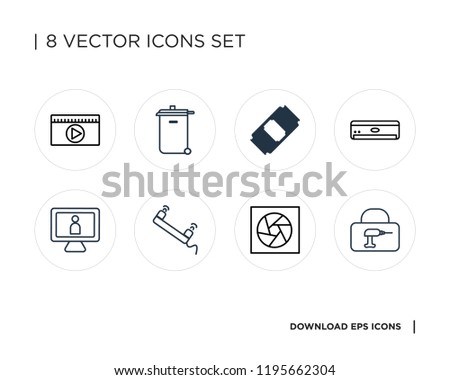 Collection of 8 simple icons such as Mobile phone, Film roll, Phone call, Monitor, Air conditioner, Can, Recycling bin, Movie, universal set for web and mobile