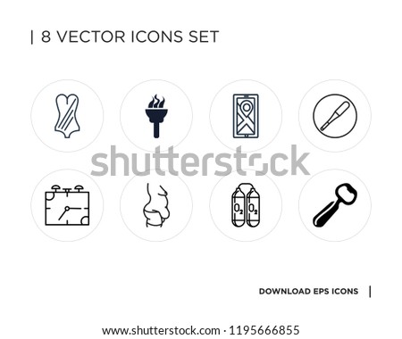 Collection of 8 simple icons such as Fish, Oxygen tank, Fat, Alarm clock, Bat, Map, Torch, Swimsuit, universal set for web and mobile