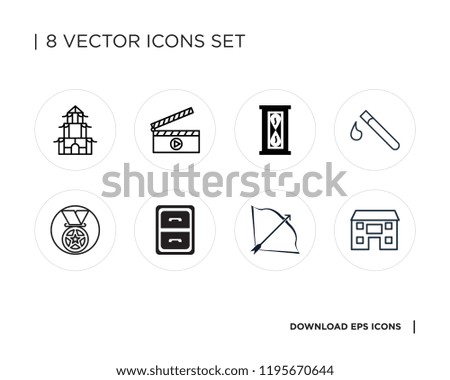 Collection of 8 simple icons such as Browser, Bow and arrow, Archive, Medal, Test tube, Waiting, Clapperboard, Chinese House, universal set for web mobile