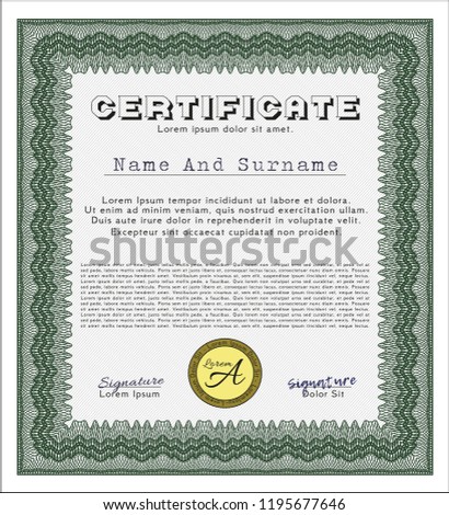Green Classic Certificate template. Money Pattern. With guilloche pattern. Detailed. 