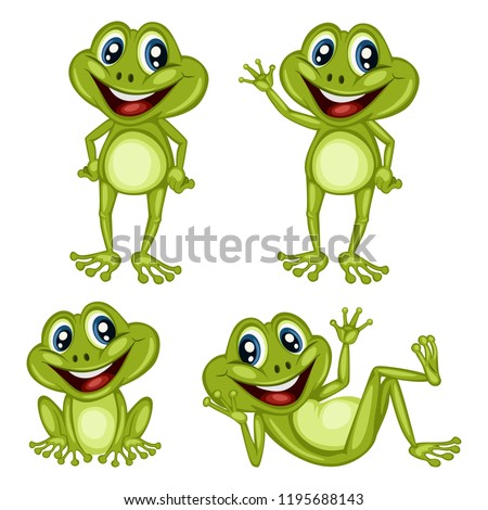 Vector Illustration of a Happy Frog Set. Cute Cartoon Frogs in Different Poses Isolated on a White Background. Happy Animals Set. Frog Laying, Cheering, Waving, Sitting Royalty-Free Stock Photo #1195688143