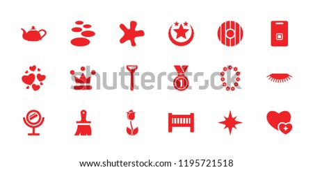 Decoration icon. collection of 18 decoration filled icons such as baby bed, spa stone, door ringer, medal, star, shield, mirror. editable decoration icons for web and mobile.