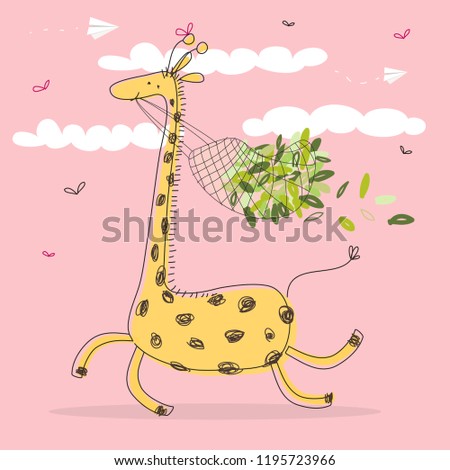Vector illustration of cute happy giraffe with a bag full of green leaves on a pink background with white clouds in the sky. Graphic elements for kids design.Greeting card, postcard, invitation, sales