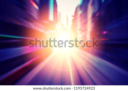 Abstract motion speed and light explosive with lens flare  in city