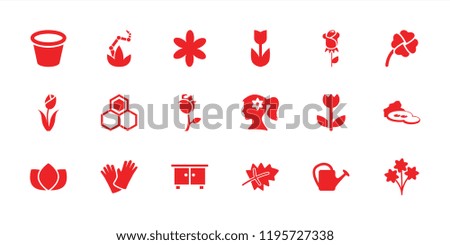 Flower icon. collection of 18 flower filled icons such as leaf, lotus, bouquet, watering can, pot for plants, gloves, rose, clover. editable flower icons for web and mobile.