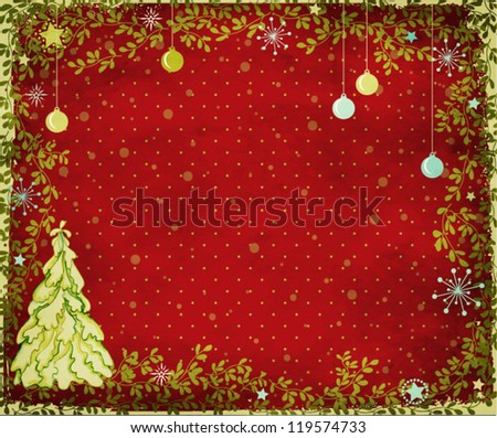 Winter Holidays Greeting Card and Background - Bright red, textured backdrop with snow-covered pine tree, Christmas decoration and green branches frame, with sparkling stars