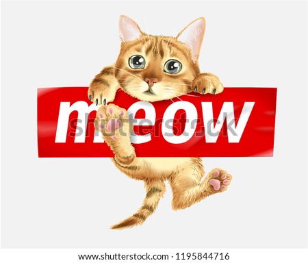 cute cat hanging on meow sticker illustration