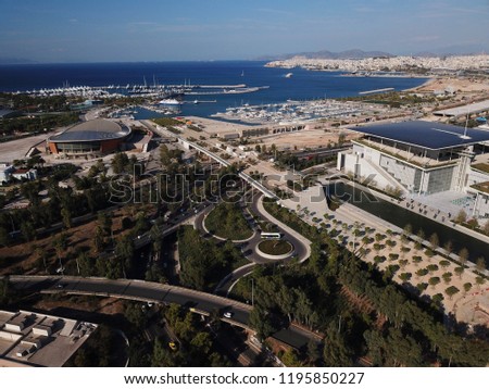 Aerial birds eye view photo taken by drone of public settlement of Stavros Niarchos foundation and cultural center, Phaleron, Attica, Greece