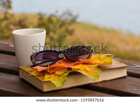 yellow autumn leaves on the book a cup of coffee on the background of the river forest