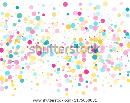 Memphis round confetti flying background in teal, rose color, gold on white.  Childish pattern vector, children's party birthday celebration background.  Holiday confetti circles in memphis style.