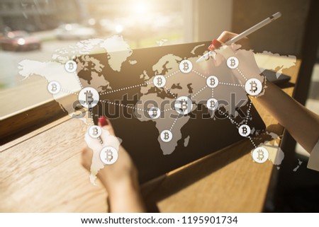 World map with bitcoin icons on virtual screen. Crypto currency. Blockchain technology. Internet payments.