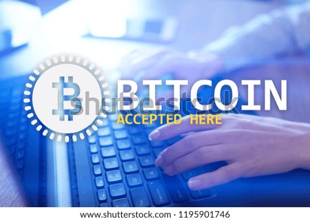 Bitcoin accepted here text and logo on virtual screen. Online payment and cryptocurrency concept.