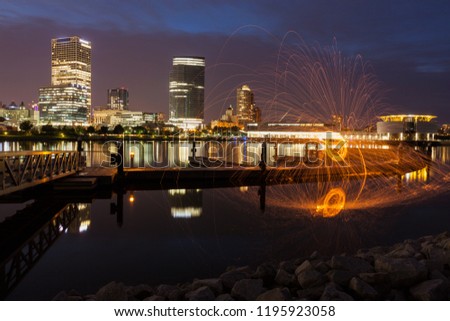 Panorama of Milwaukee at night. Milwaukee, Wisconsin, USA.