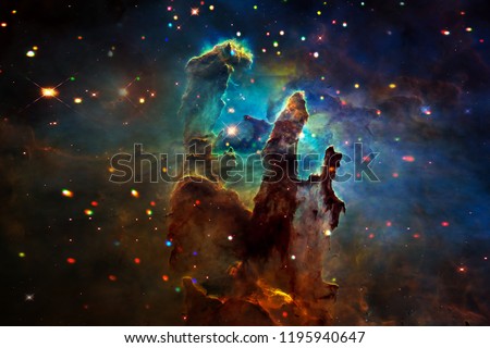 Landscape in fantasy alien planet with galaxy background. The elements of this image furnished by NASA.