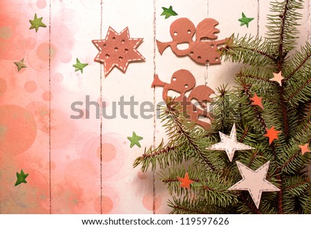 Christmas decorations on christmas tree/Vintage christmas card with paper decorations