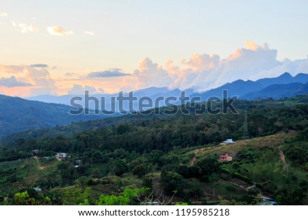 beautiful green landscape. Countryside. Sunset in Peruvian town. rolling hills.