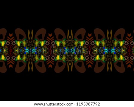 A colorful hand drawing pattern made of blue red yellow and green on a black background.