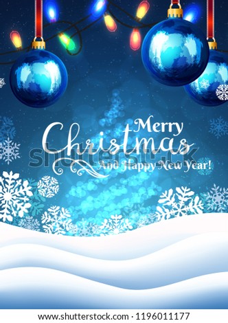 Christmas background with snowflakes and lights of Christmas tree on blue background. Happy New Year greeting card cover.