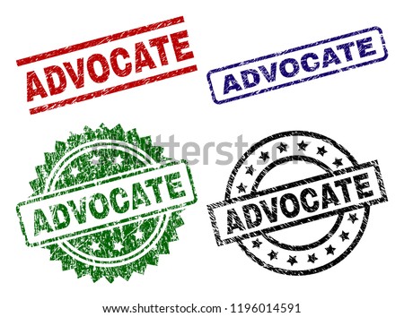 ADVOCATE seal prints with corroded surface. Black, green,red,blue vector rubber prints of ADVOCATE tag with dust texture. Rubber seals with round, rectangle, rosette shapes.