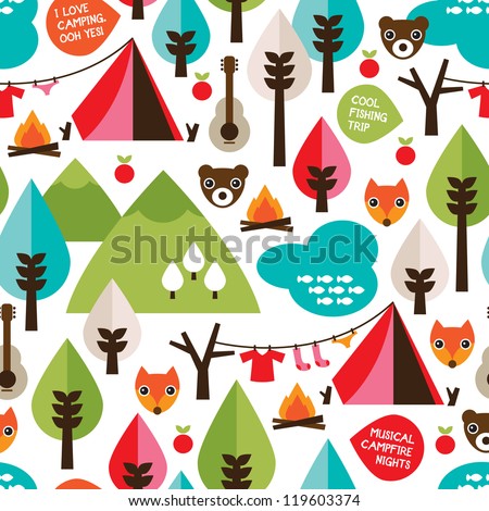 Seamless kids nature camping trip and wild animals background pattern in vector