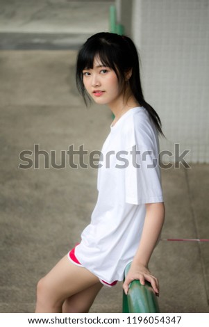 asia thai japanese teen teen White t-shirt beautiful girl happy and relax