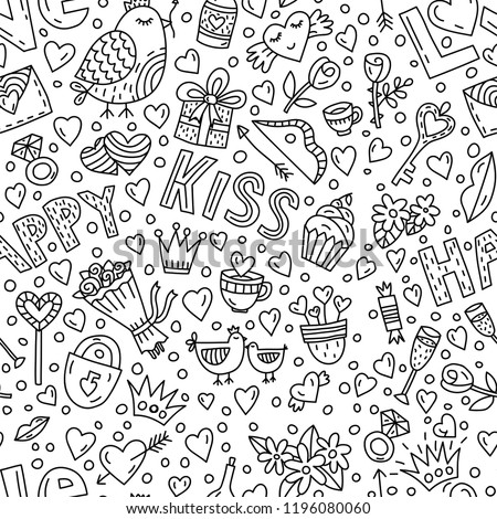 Cute romantic seamless vector pattern in doodle style