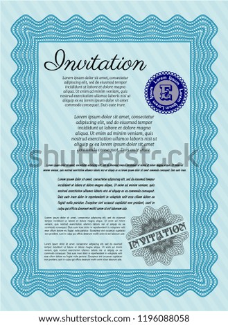 Light blue Vintage invitation. With guilloche pattern and background. Superior design. Vector illustration. 