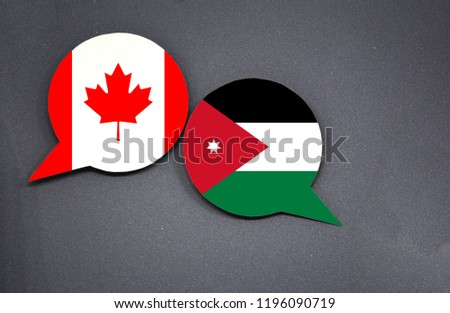 Canada and Jordan flags with two speech bubbles on dark gray background