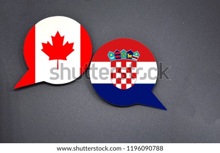 Canada and Croatia flags with two speech bubbles on dark gray background