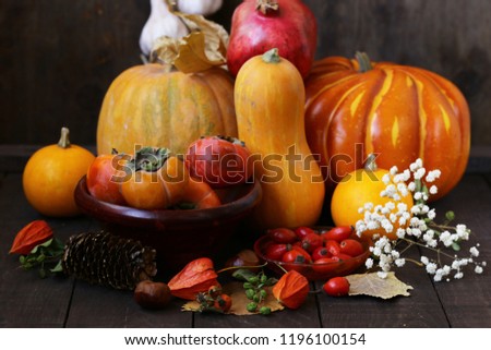 autumn still life with pumpkins and berries