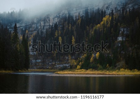 Autumn landscape: fog over the river in the autumn forest, top view. Wilderness.