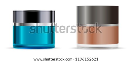 Round blue and brown glass jars set with grey matt and glossy lids - body cream, gel, butter, bath salt, skin care, powder. Realistic packaging mockup template. Vector illustration.
