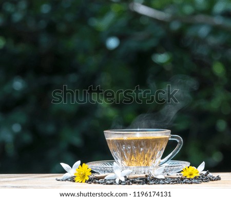 Hot  tea  in  glass  cup  on  wooden  surface  with  nature  blurry  background.