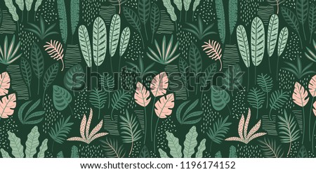 Abstract seamless pattern with tropical leaves. Hand draw texture. Vector template.